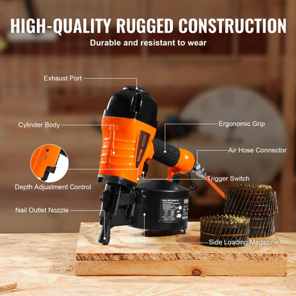 Coil Siding Nailer CN65, 1-1/4" to 2-1/2" 15 Degree Pneumatic Siding Nail Gun with Tool-Less Depth Adjustment, 70-120PSI Air Coil Nailer for Siding, Pallet Sheathing, Wooding, Fencing, Decking