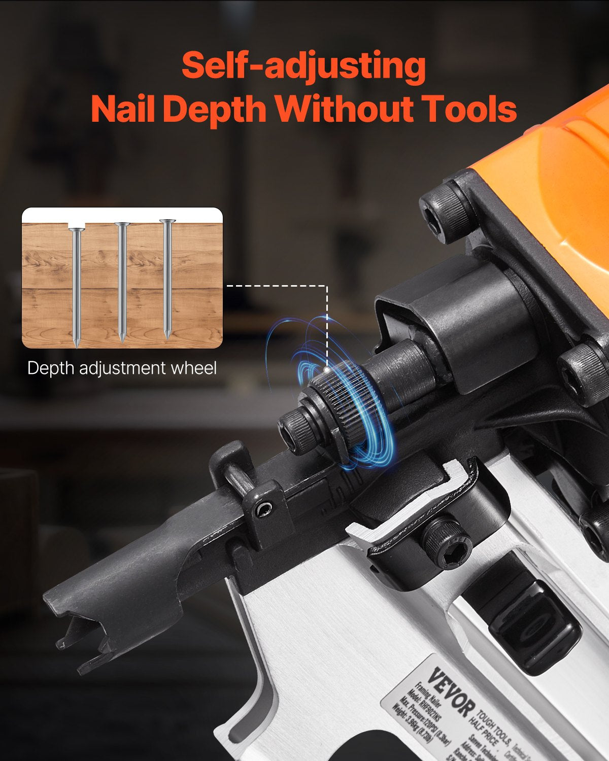Framing Nailer, 50 to 90 mm 21 Degree Full Round Head Pneumatic Framing Nailer with Dual Trigger Modes & Tool-Less Depth Adjustment, 80-120PSI Pro Air Nail Gun for Framing Flooring Decking