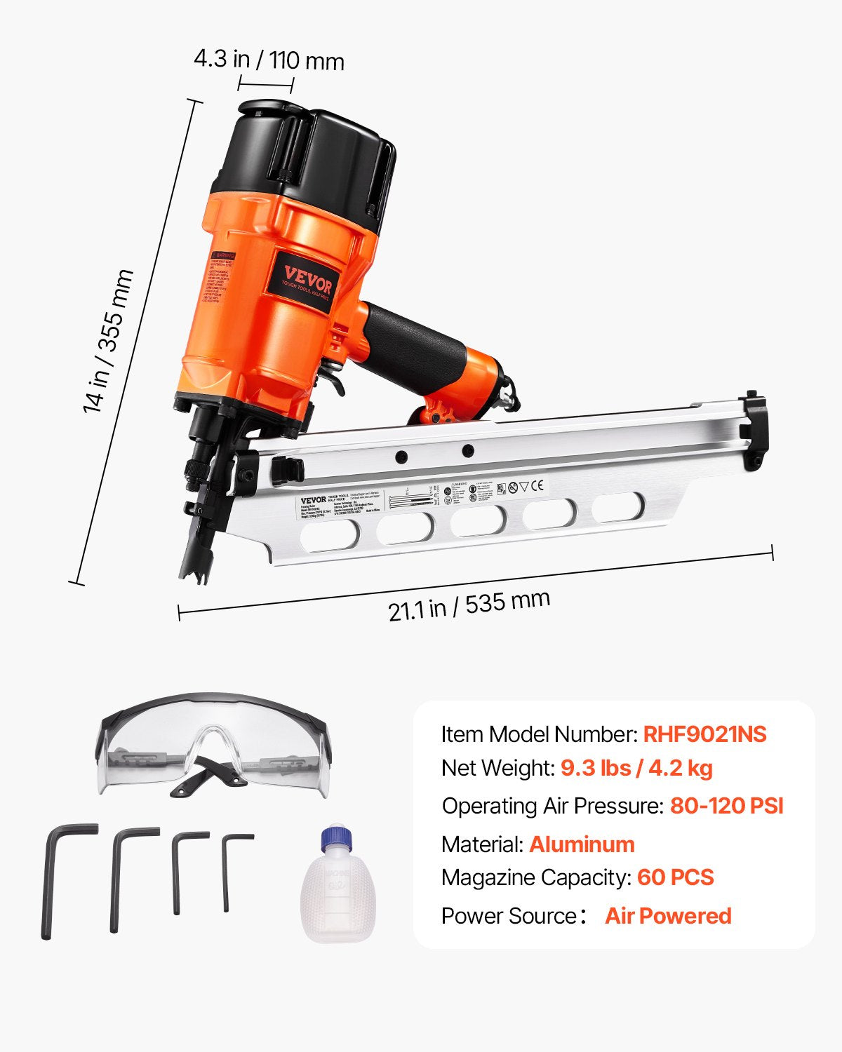 Framing Nailer, 50 to 90 mm 21 Degree Full Round Head Pneumatic Framing Nailer with Dual Trigger Modes & Tool-Less Depth Adjustment, 80-120PSI Pro Air Nail Gun for Framing Flooring Decking