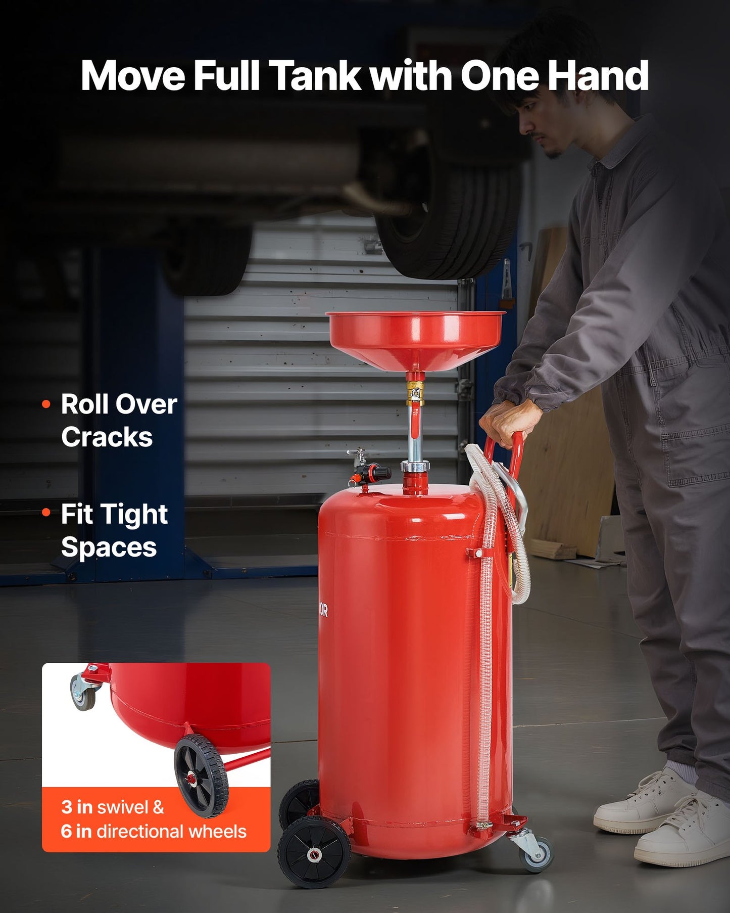95L spilloljeavtappningstank, luftdriven bärbar oljetömningstank med justerbar tratthöjd, industriell vätskeavtappningstank med hjul, dränering för vätskeöverföring av bränsle för bilverkstäder, röd