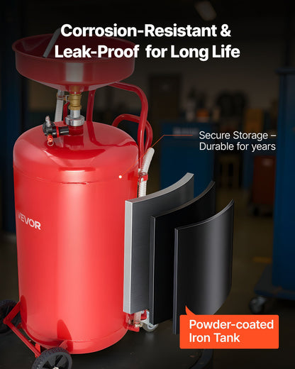 95L spilloljeavtappningstank, luftdriven bärbar oljetömningstank med justerbar tratthöjd, industriell vätskeavtappningstank med hjul, dränering för vätskeöverföring av bränsle för bilverkstäder, röd