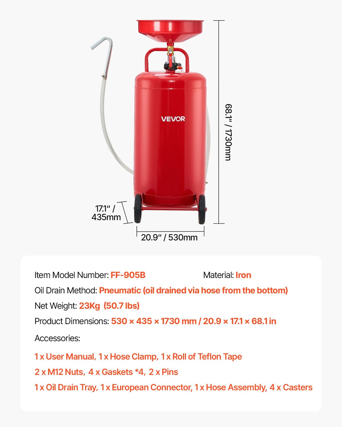 95L spilloljeavtappningstank, luftdriven bärbar oljetömningstank med justerbar tratthöjd, industriell vätskeavtappningstank med hjul, dränering för vätskeöverföring av bränsle för bilverkstäder, röd