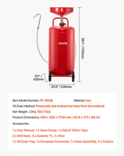 95L spilloljeavtappningstank, luftdriven bärbar oljetömningstank med justerbar tratthöjd, industriell vätskeavtappningstank med hjul, dränering för vätskeöverföring av bränsle för bilverkstäder, röd
