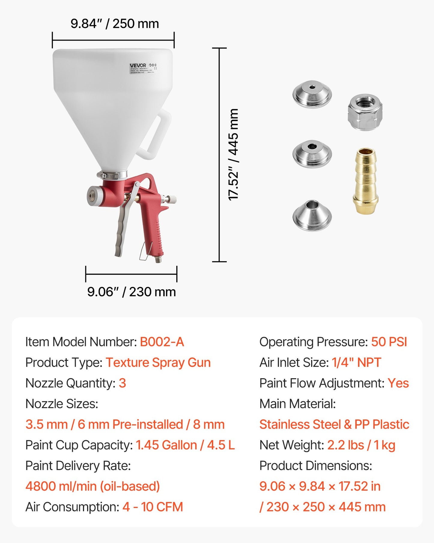 Luftsprutpistol för texturering, 4,5 l luftsprutpistol, professionell gipsspruta med texturering och 3 munstycken (3,5 mm, 6 mm, 8 mm) för popcorn, knockdown och apelsinskalstexturer