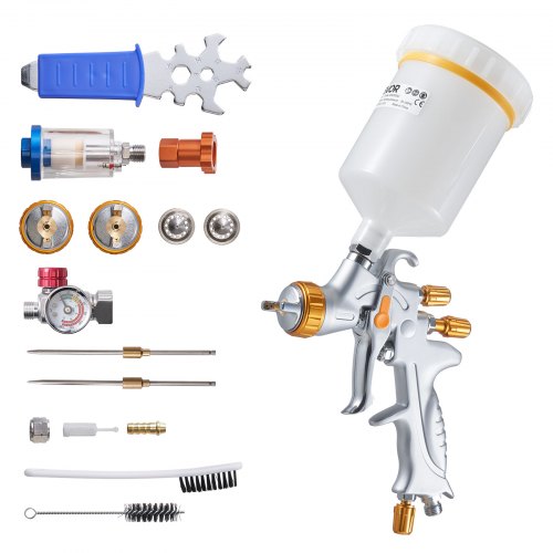 HVLP Air Spray Gun, Gravity Feed Paint Sprayer Gun with 3 Nozzles (1.3/1.4/1.7mm), 600ml Capacity Auto Paint Sprayer with Air Regulator for Automotive Primers, Clear Coats & Topcoats