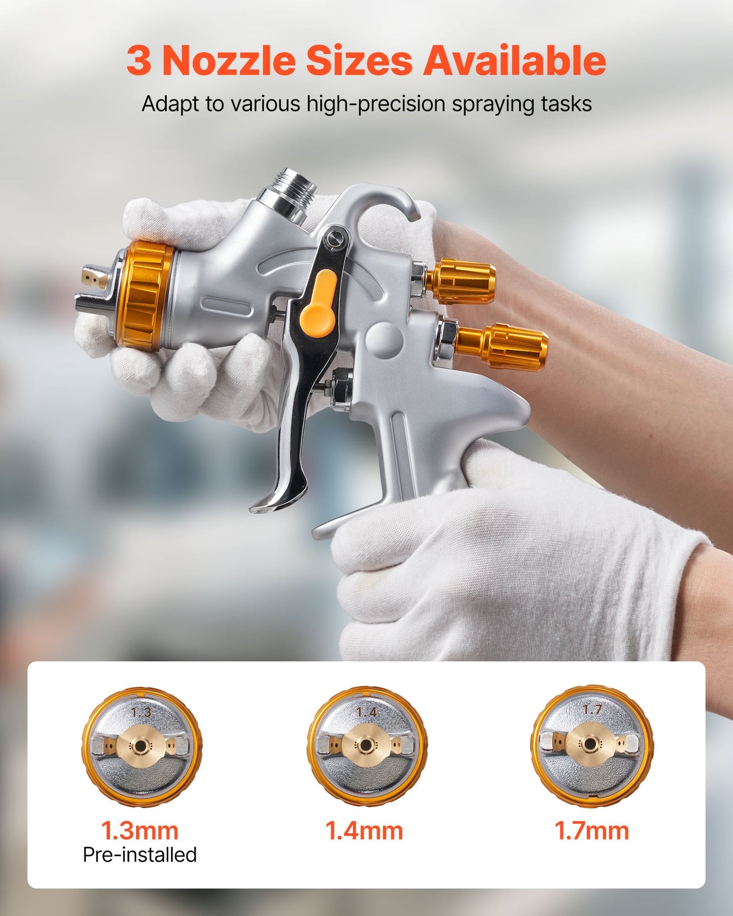 HVLP-luftsprutpistol, självtrycksmatad färgspruta med 3 munstycken (1,3/1,4/1,7 mm), 600 ml kapacitet för bilfärgspruta med luftregulator för bilprimers, klarlacker och täcklacker