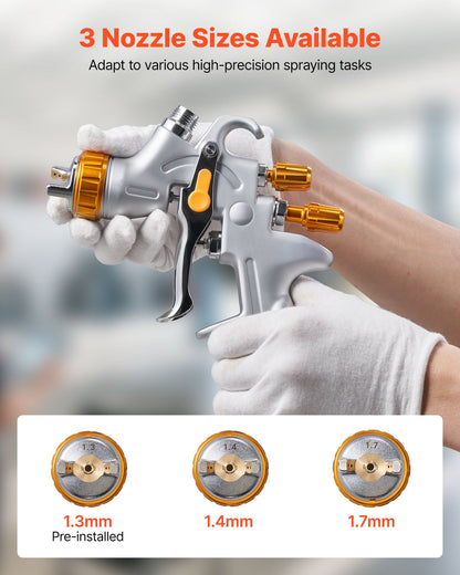 HVLP-luftsprutpistol, självtrycksmatad färgspruta med 3 munstycken (1,3/1,4/1,7 mm), 600 ml kapacitet för bilfärgspruta med luftregulator för bilprimers, klarlacker och täcklacker