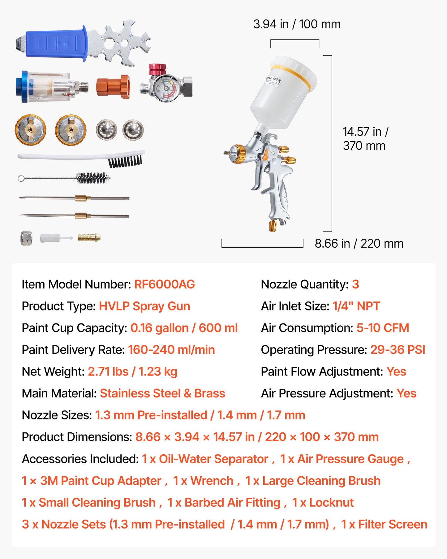 HVLP-luftsprutpistol, självtrycksmatad färgspruta med 3 munstycken (1,3/1,4/1,7 mm), 600 ml kapacitet för bilfärgspruta med luftregulator för bilprimers, klarlacker och täcklacker