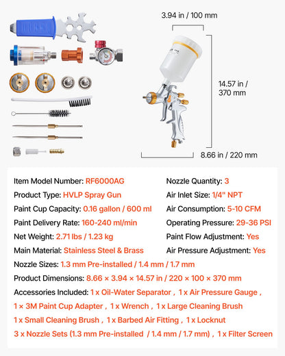 HVLP-luftsprutpistol, självtrycksmatad färgspruta med 3 munstycken (1,3/1,4/1,7 mm), 600 ml kapacitet för bilfärgspruta med luftregulator för bilprimers, klarlacker och täcklacker