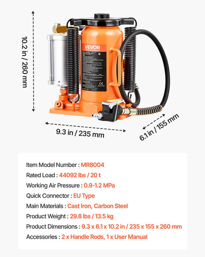 Air Hydraulic Bottle Jack, 20 Ton (44092 lbs) Capacity, 260-495 mm Lifting Range, Pneumatic/Manual Heavy Duty Welded Bottle Jack with Pump for SUV, Pickup, Truck, RV, Car Auto Repair, Orange