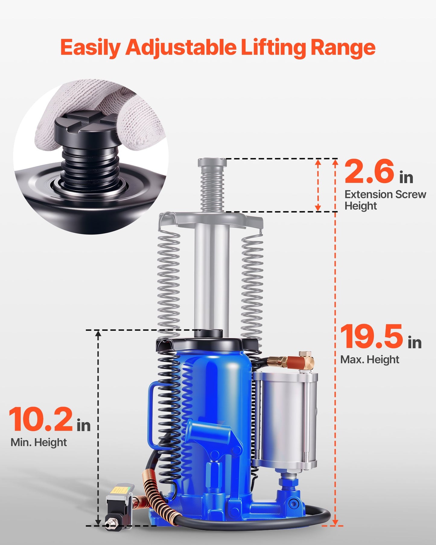 Lufthydraulisk flaskdomkraft, 20 tons lastkapacitet, 260-495 mm lyftområde, pneumatisk/manuell kraftig svetsad flaskdomkraft med pump för bil, pickup, lastbil, husbil, SUV, bilverkstad, huslyft, blå