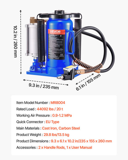 Lufthydraulisk flaskdomkraft, 20 tons lastkapacitet, 260-495 mm lyftområde, pneumatisk/manuell kraftig svetsad flaskdomkraft med pump för bil, pickup, lastbil, husbil, SUV, bilverkstad, huslyft, blå