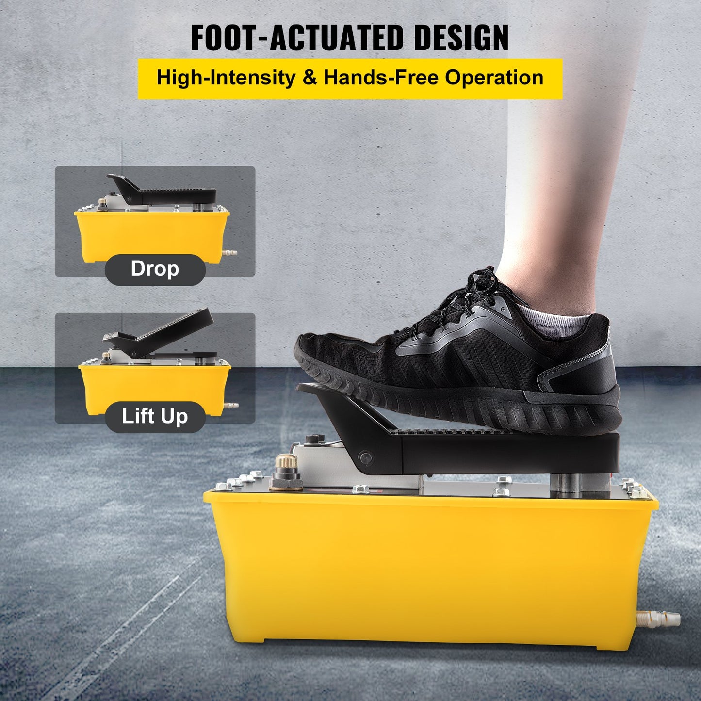 Lufthydraulisk pump, hydraulisk fotpump 10 000 PSI, fotmanövrerad luft-/hydraulpump med behållare på 1,89 liter, med slang och sprutpistol för tung maskinutrustning, bilreparationer, bilramsmaskiner