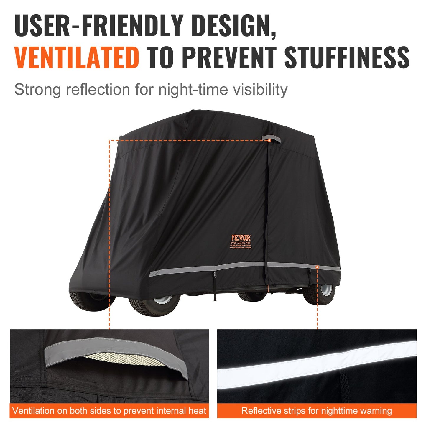 2+2 Passenger Golf Cart Cover, 600D Polyester Full Cover, Suitable for 2+2 Golf Carts, Waterproof, Sunproof, and Dustproof Outdoor Golf Cart Cover with Three Zipper Doors, Black