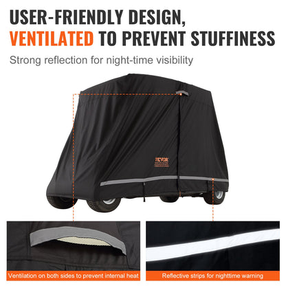 2+2 Passenger Golf Cart Cover, 600D Polyester Full Cover, Suitable for 2+2 Golf Carts, Waterproof, Sunproof, and Dustproof Outdoor Golf Cart Cover with Three Zipper Doors, Black