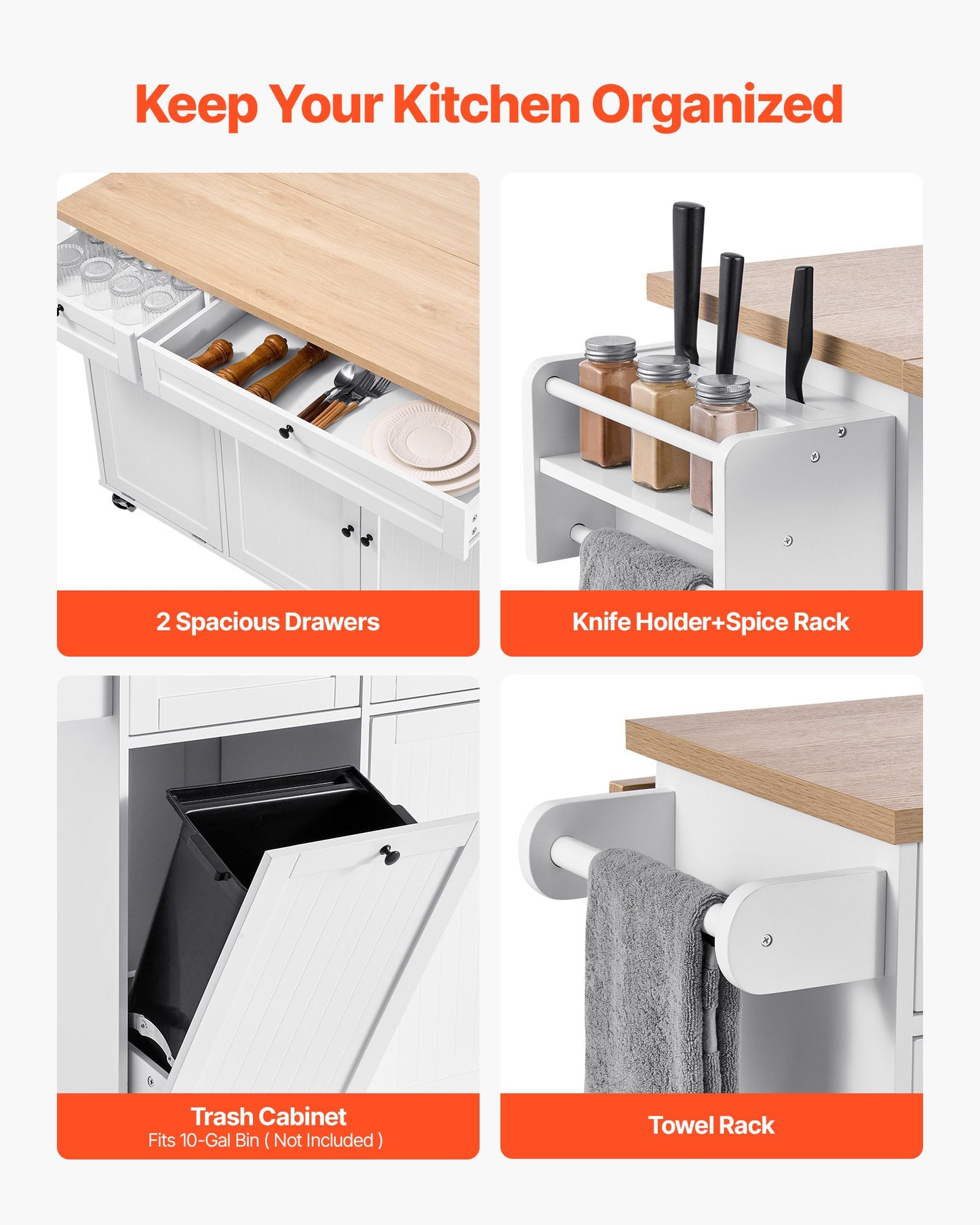 Köksö med förvaring, 153 cm bred mobil köksvagn med hjul, klaffskiva, 2 lådor, papperskorg, knivhållare, kryddhylla och handduksställ, bord för matsal, skafferi