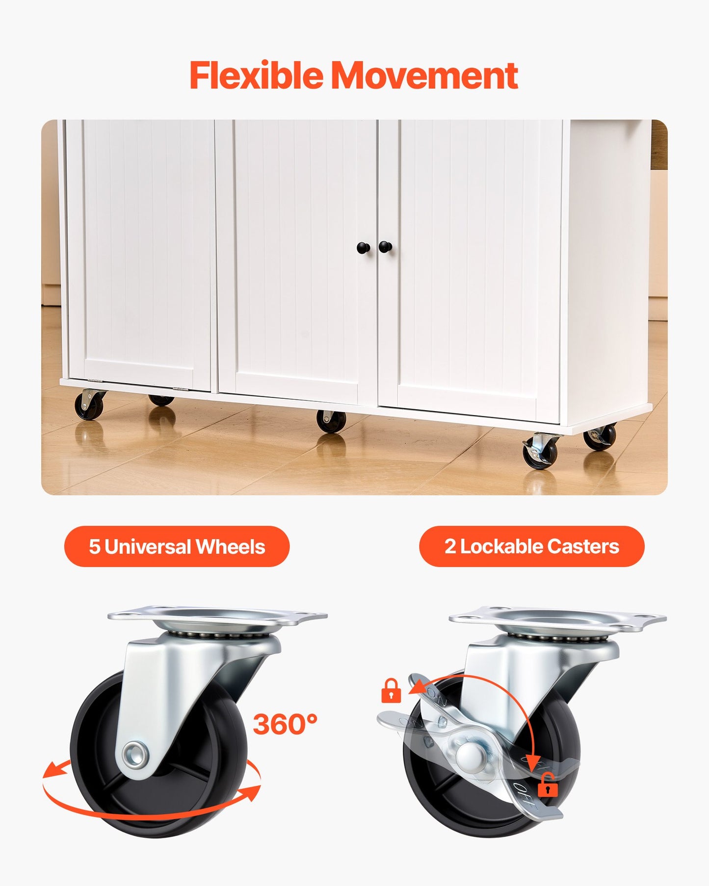 Köksö med förvaring, 153 cm bred mobil köksvagn med hjul, klaffskiva, 2 lådor, papperskorg, knivhållare, kryddhylla och handduksställ, bord för matsal, skafferi