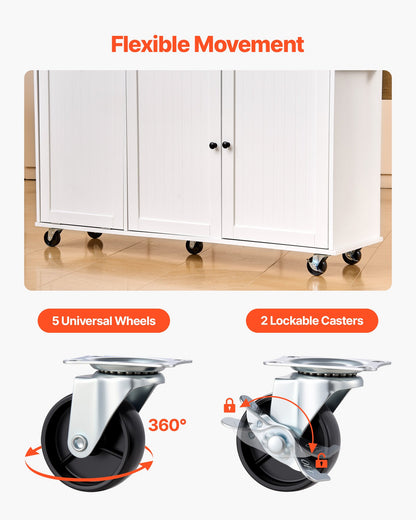 Köksö med förvaring, 153 cm bred mobil köksvagn med hjul, klaffskiva, 2 lådor, papperskorg, knivhållare, kryddhylla och handduksställ, bord för matsal, skafferi