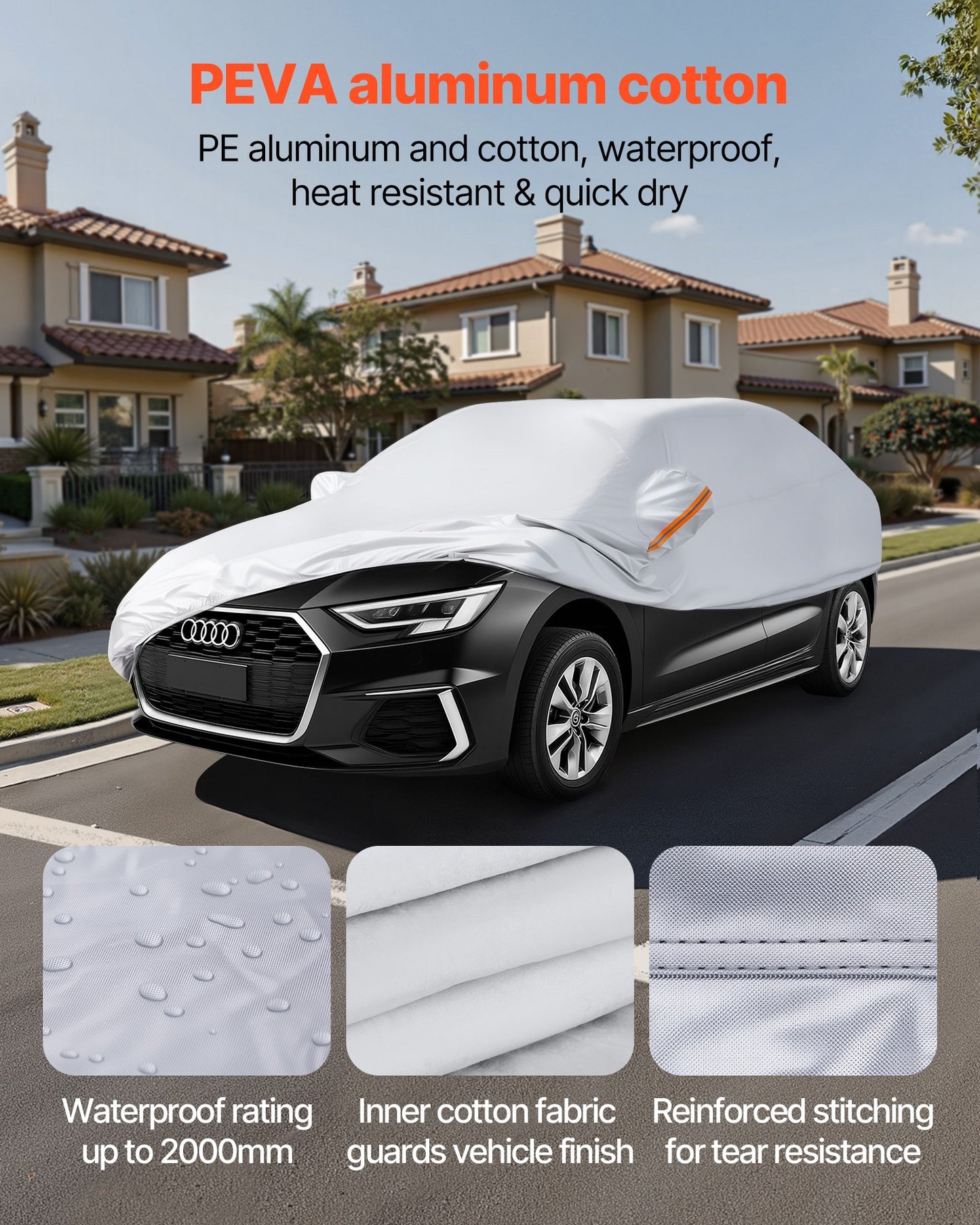 Car Cover, Car Cover Waterproof for Mid Size European Sedan Cars Models, Custom-fit All Weather Sun Rain Wind Dust Snow Protection Full Exterior Covers with Door Zipper and Cotton Lining, Silver