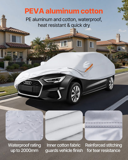 Car Cover, Car Cover Waterproof for Mid Size European Sedan Cars Models, Custom-fit All Weather Sun Rain Wind Dust Snow Protection Full Exterior Covers with Door Zipper and Cotton Lining, Silver