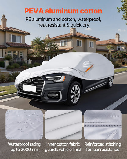 Car Cover, Car Cover Waterproof for Full Size European Sedan Cars Models, Custom-fit All Weather Sun Rain Wind Dust Snow Protection Full Exterior Covers with Door Zipper & Cotton Lining, Silver