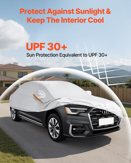 Car Cover, Car Cover Waterproof for Full Size European Sedan Cars Models, Custom-fit All Weather Sun Rain Wind Dust Snow Protection Full Exterior Covers with Door Zipper & Cotton Lining, Silver