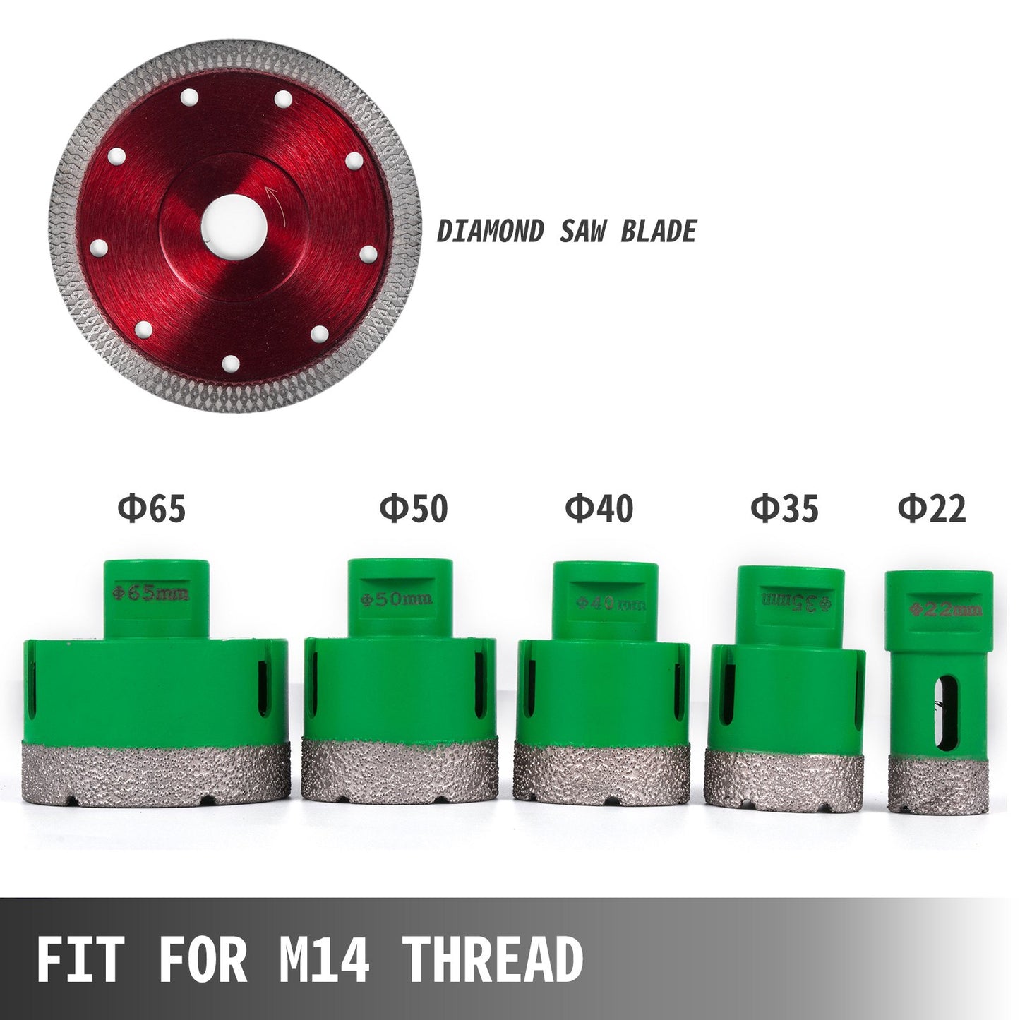 5PCS Diamond Hole Saw Set Diamond Drill Core Bits with Saw Blade, 22/35/40/50/65MM M14 Thread carborundum Granite Granite
