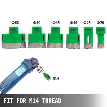 Mophorn 6PCS Diamond Holesaw Set 20/25/40/45/50/68mm Diamond Hole Saw Set, M14 thread Portable Stoneware Point-accurate Hole Saw Cutter Drill Bits Drill Core Ceramic for Tiles Ceramic Granite