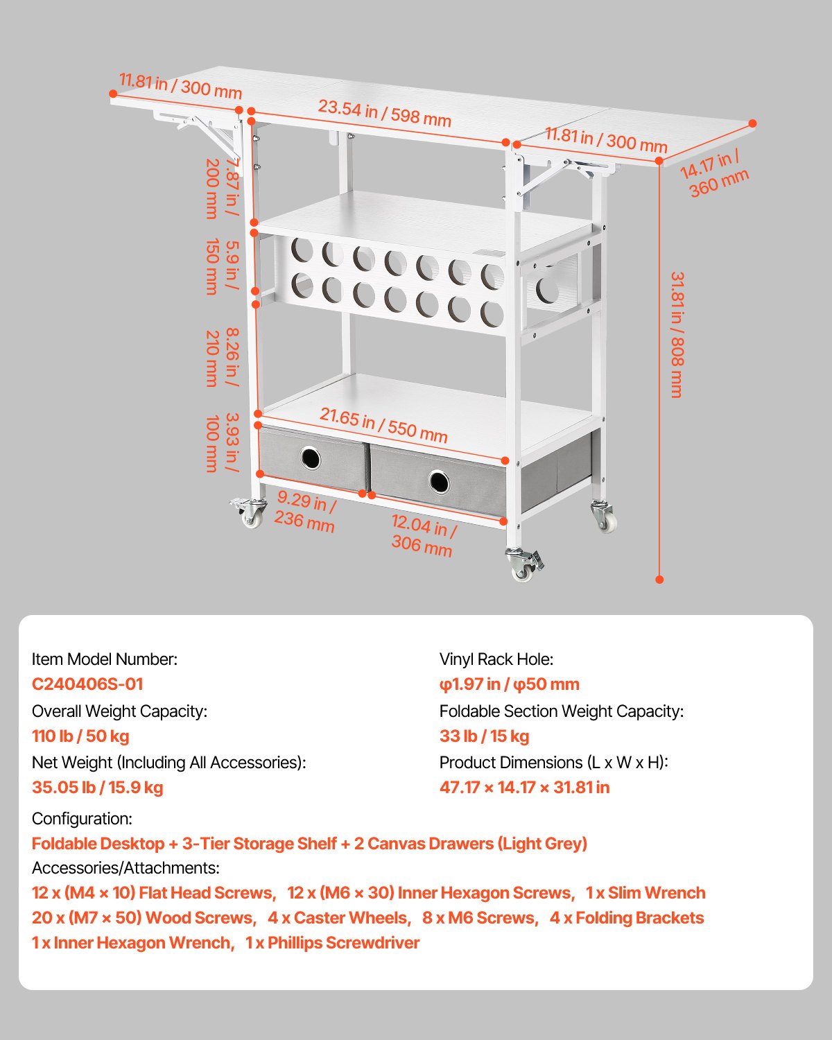 Rolling Craft Cart and Storage Table, Compatible with Cricut Machines, Collapsible Cricut Table with Foldable Sides, Craft Rolling Storage Organizer with 14 Vinyl Roll Holders and 2 Drawers