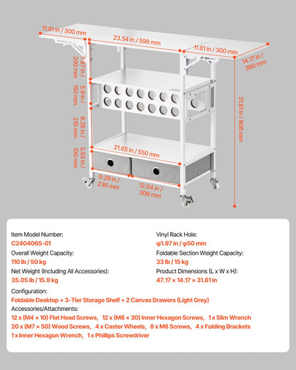 Rolling Craft Cart and Storage Table, Compatible with Cricut Machines, Collapsible Cricut Table with Foldable Sides, Craft Rolling Storage Organizer with 14 Vinyl Roll Holders and 2 Drawers