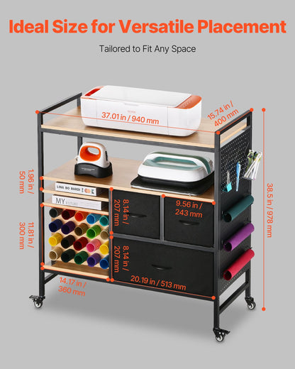 Rullande hobbyvagn och förvaringsbord, kompatibel med Cricut-maskiner, arbetsstation för hantverksbord, rullande förvaringsorganisatör med 20 vinylrullhållare och 3 lådor, svart