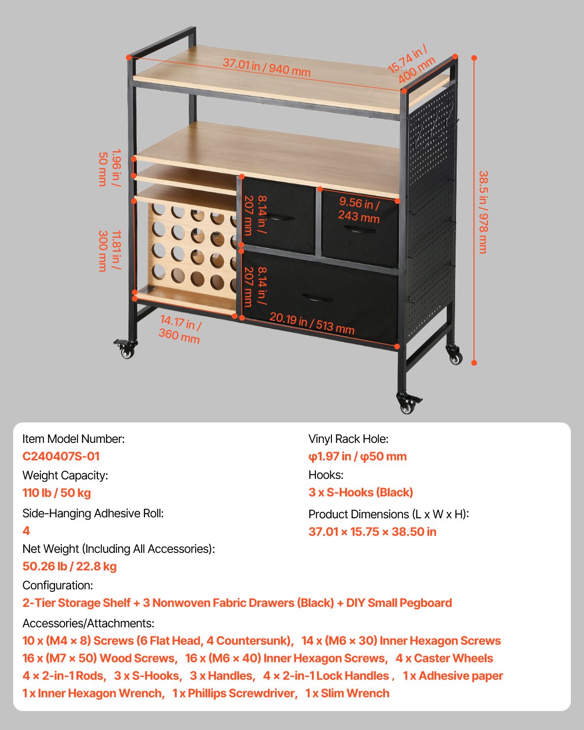 Rullande hobbyvagn och förvaringsbord, kompatibel med Cricut-maskiner, arbetsstation för hantverksbord, rullande förvaringsorganisatör med 20 vinylrullhållare och 3 lådor, svart