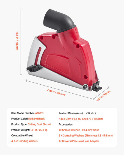 Skärdammhölje för vinkelslipmaskiner, universellt 4-5 tums vinkelslipdammhölje med 6 klämbrickor, justerbart skärdjup, anslutning till dammsugare, för trä, betong, vägg, sten
