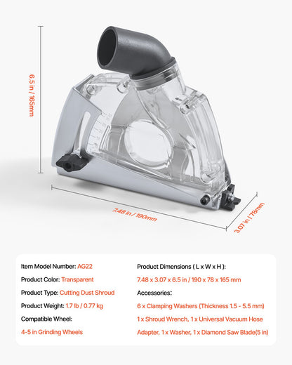 Skärdammhölje för vinkelslipmaskiner, universellt 4-5 tums vinkelslipdammhölje med 6 klämbrickor och 5 tums diamantslipkoppskiva, justerbart skärdjup, anslutning till dammsugare