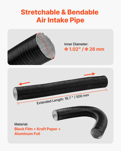 Diesel Heater Intake Pipe Kit, 25mm Car Air Parking Heater Ducting Pipe Hose Tube, Stretchable & Bendable Car Air Intake Filter Silencer Hose Pipes Kit with Clamps for 2KW 5KW 8KW Diesel Heaters