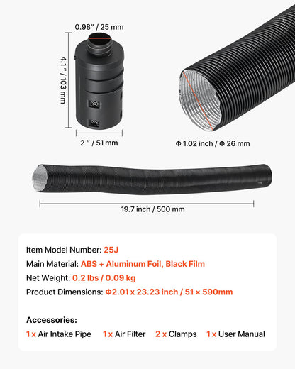 Diesel Heater Intake Pipe Kit, 25mm Car Air Parking Heater Ducting Pipe Hose Tube, Stretchable & Bendable Car Air Intake Filter Silencer Hose Pipes Kit with Clamps for 2KW 5KW 8KW Diesel Heaters