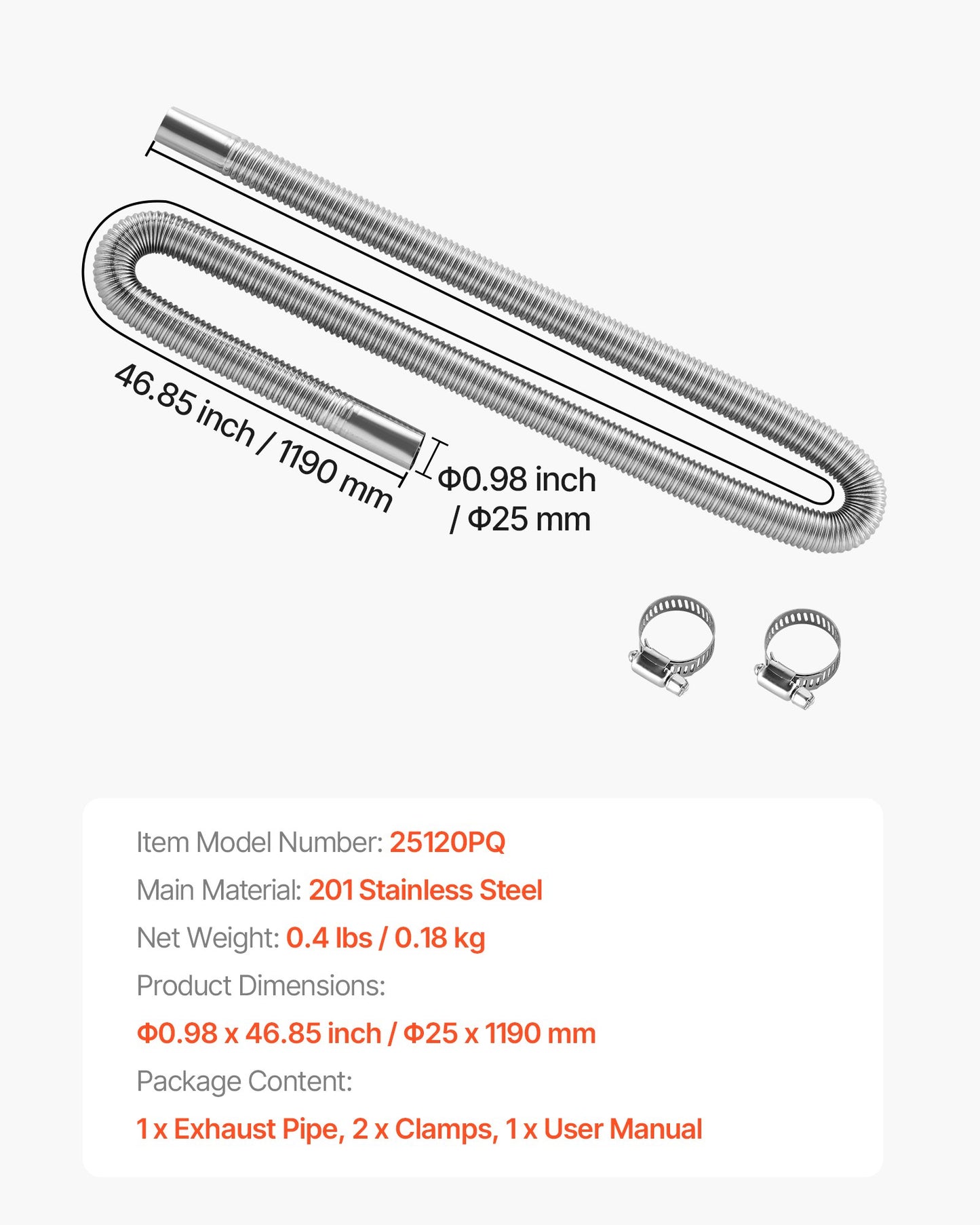 Exhaust Hose, 1200mm Diesel Heater Flexible Exhaust Pipe, Stainless Steel Exhausts Hose with 2 Hose Clamps, Exhausts Hoses Kit Diesel Heater Accessories for 2KW 5KW 8KW Diesels Heaters