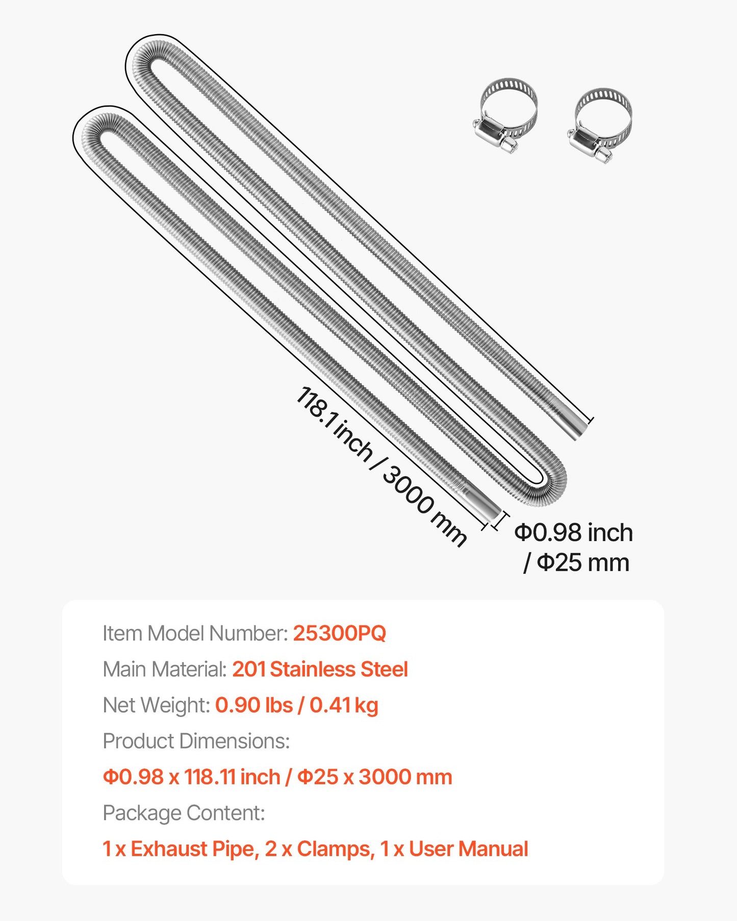 Avgasslang, 3000 mm avgasslang i rostfritt stål, flexibelt avgasrör för dieselvärmare med 2 slangklämmor, avgasslangsats, tillbehör till dieselvärmare för 2KW, 5KW, 8KW dieselvärmare