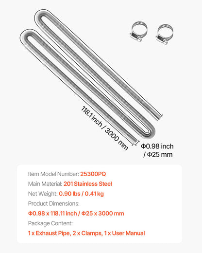 Avgasslang, 3000 mm avgasslang i rostfritt stål, flexibelt avgasrör för dieselvärmare med 2 slangklämmor, avgasslangsats, tillbehör till dieselvärmare för 2KW, 5KW, 8KW dieselvärmare