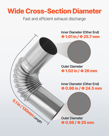 Exhaust Pipe Tube Elbow Connector, 25mm Diesel Heater Exhaust Elbow, Air Parking Heater Exhausts Pipe Tube Elbows Connector 2 Clamps for 2KW 5KW 8KW Diesel Heater, 201 Stainless Steel, Silver