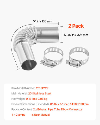 Avgasrörsböjkoppling, 25 mm dieselvärmare avgasböj, vindtätt lock i rostfritt stål för gasvattenvärmare med 4 klämmor för 2KW 5KW 8KW dieselvärmare, dieselvärmare avgasböjar