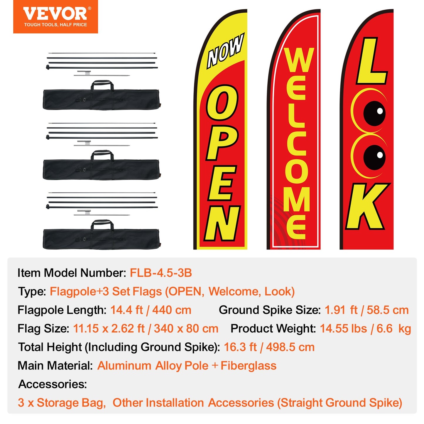 Open Flags with Pole Kit, Advertising Flags for Business Outside, Advertising Feather Flag Kit, 3 Flags (Open, Look, Welcome), 3 Poles, 3 Ground Stakes, Swooper Flags for Businesses 16.3 FT