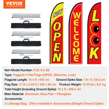 Open Flags with Pole Kit, Advertising Flags for Business Outside, Advertising Feather Flag Kit, 3 Flags (Open, Look, Welcome), 3 Poles, 3 Ground Stakes, Swooper Flags for Businesses 16.3 FT