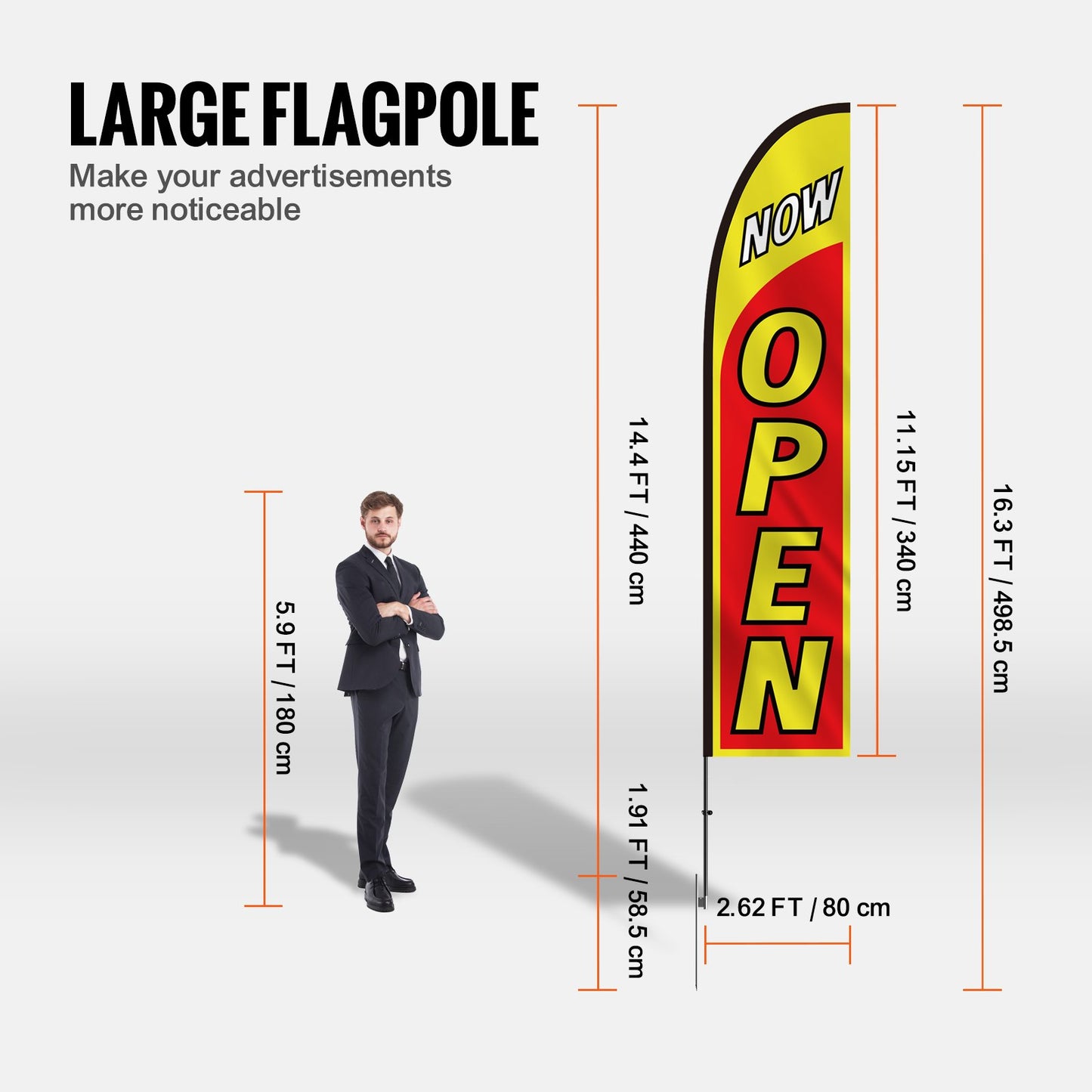 Open Flag with Pole Kit, Advertising Flag for Business Outside, Advertising Feather Flag Kit, Includes 1 Banner Flag, 1 Pole, 1 Ground Stake, Open Signs Swooper Flag for Businesses 16.3 FT