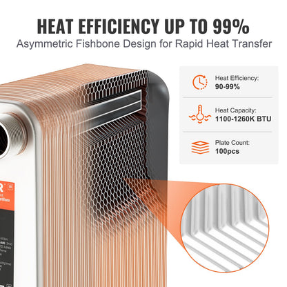 Heat Exchanger, 5"x 12" 100 Plates Brazed Plate Heat Exchanger, Copper/316L Stainless Steel Water To Water Heat Exchanger For Floor Heating, Water Heating, Snow Melting, Beer Cooling