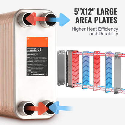 Heat Exchanger, 5"x 12" 100 Plates Brazed Plate Heat Exchanger, Copper/316L Stainless Steel Water To Water Heat Exchanger For Floor Heating, Water Heating, Snow Melting, Beer Cooling