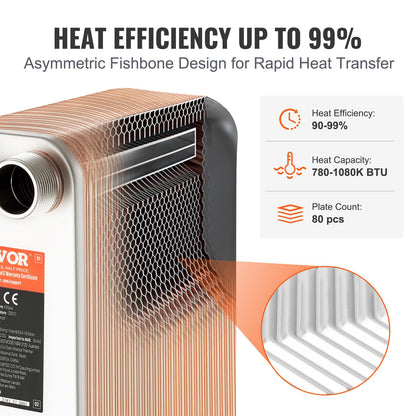 Värmeväxlare, 5"x 12" 80 plattor lödd plattvärmeväxlare, koppar/316L rostfritt stål vatten-till-vatten värmeväxlare för golvvärme, vattenvärme, snösmältning, ölkylning