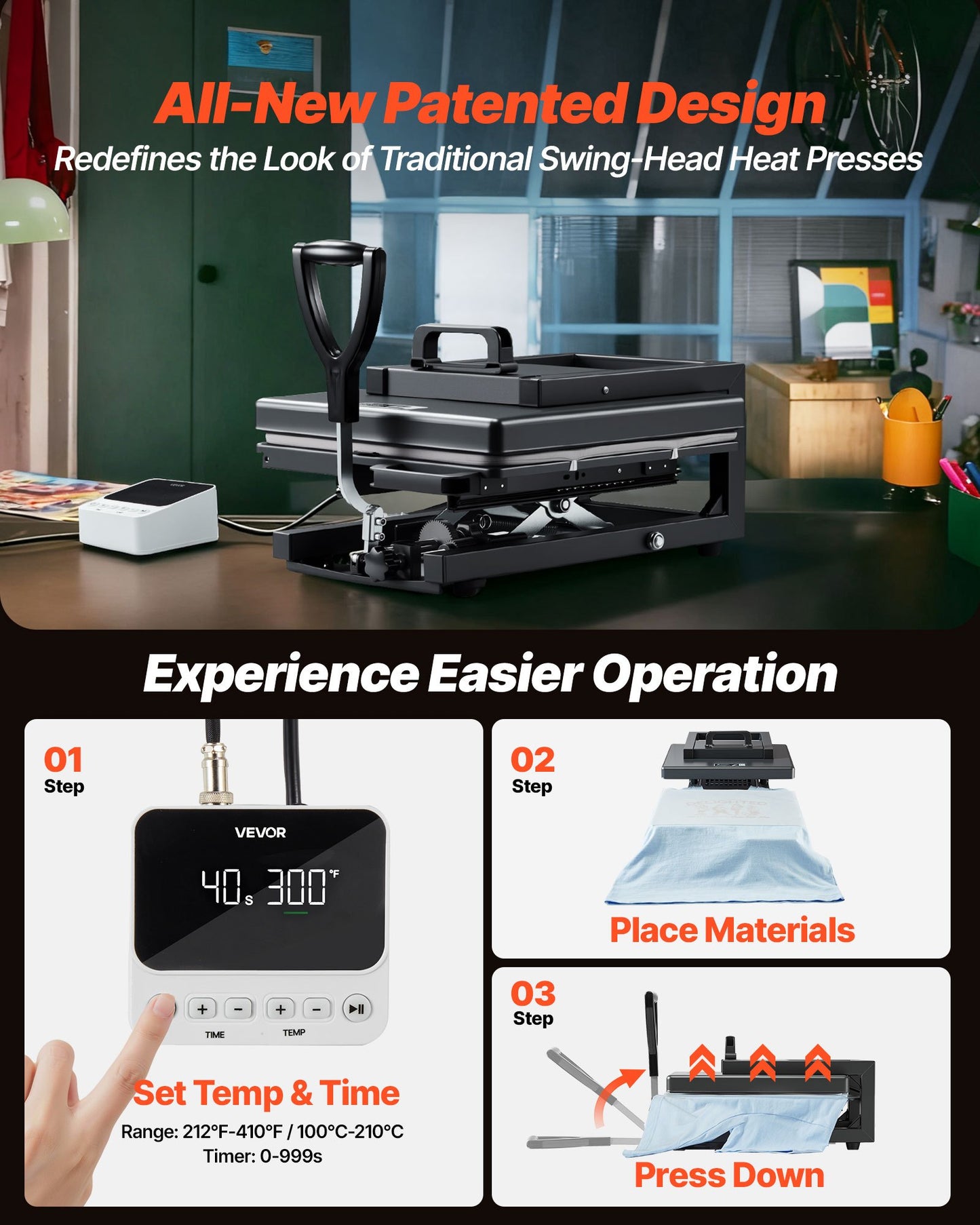 Hybrid Heat Press, 380 x 380 mm, 5-in-1 Multifunction, Heat Up Fast and Even, All-New Patented Design, Easy to Control, Sublimation Press Machine for T-shirts/Mugs/Tumblers/Caps/Plates, Black