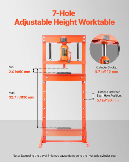 Hydraulisk verkstadspress, 20 T H-rams verkstadspress med pressplatta och triangulärt stöd, stabil, justerbar hydraulpress i garagegolv med övertrycksventil, lämplig för bockning, riktning och stansning