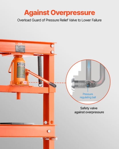 Hydraulisk verkstadspress, 20 T H-rams verkstadspress med pressplatta och triangulärt stöd, stabil, justerbar hydraulpress i garagegolv med övertrycksventil, lämplig för bockning, riktning och stansning